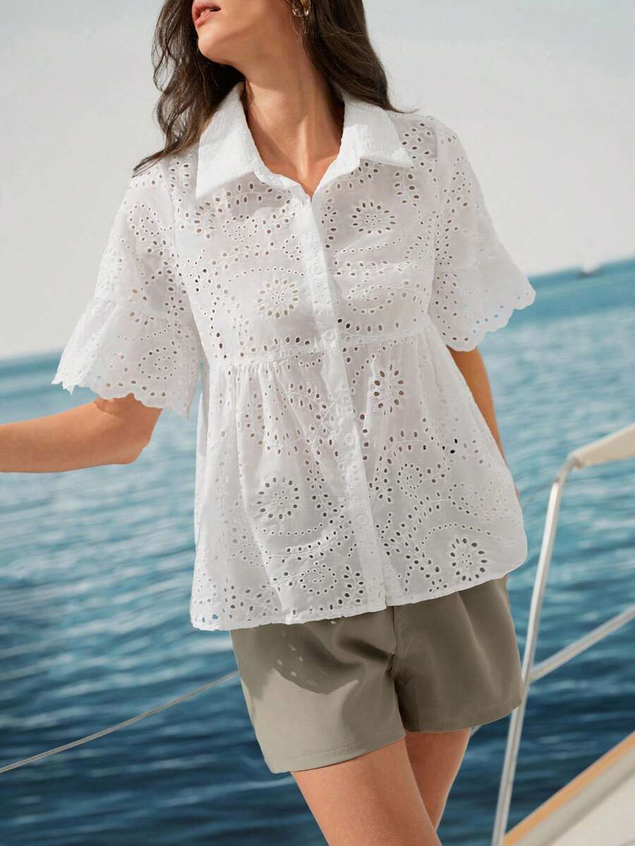 Rafferiza Áo sơ mi cotton thêu, áo sơ mi mở phía trước, áo sơ mi cotton thêu cổ, áo sơ mi thường ngày - trắng - Xem 1