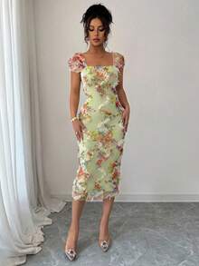 Elenzga Gaun Midi Wanita Elegan Romantis dengan Motif Jala dan Kerutan, Cocok untuk Musim Pernikahan, Pesta, Kencan, Jalan-jalan Santai, Musim Semi/Panas - Hijau - View 6