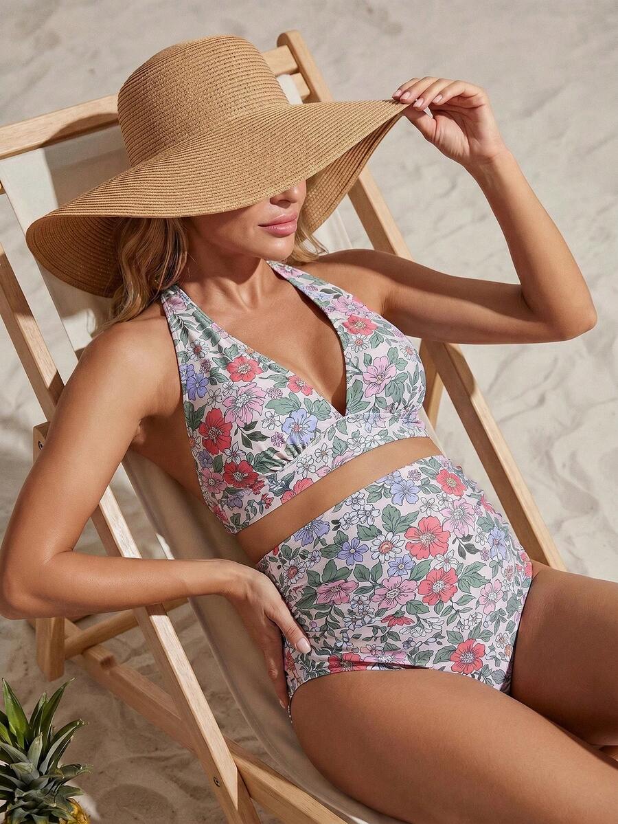 SHEIN 26SS Summer Beach Vacation Floral Maternity Swimwear Set - Multicolor - View 1