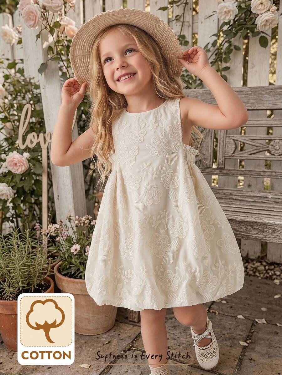 Cozy Pixies Young Girl Floral Print Round Neck Sleeveless Dress, Versatile And Comfortable - White - View 1