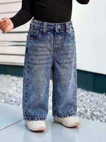 SHEIN Bubblio Quần ống rộng dáng suông màu xanh denim kiểu retro cho bé gái - Rửa trung bình - Xem 8