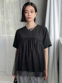 FRIFUL Women's Solid Color Round Neck Short Sleeve T-Shirt With Mesh Ruffle Hem School - Black - View 5
