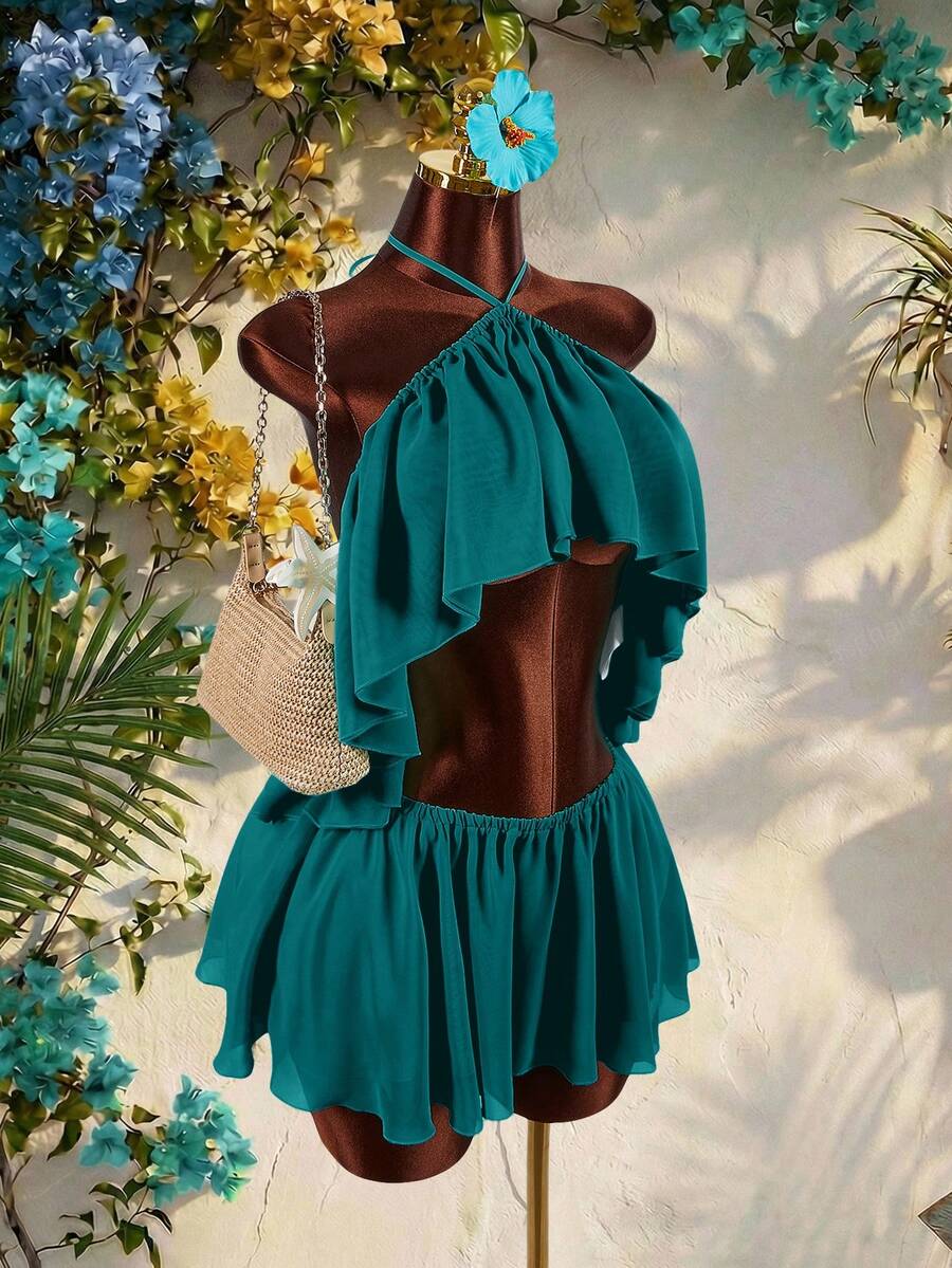 Amplova Bộ đồ hai mảnh bằng vải chiffon dành cho nữ: Áo quây hở lưng với vạt áo bất đối xứng và bèo nhún hai lớp, kết hợp với chân váy ngắn, gợi cảm và phá cách, thích hợp cho kỳ nghỉ. - Màu xanh lá cây đậm - Xem 1