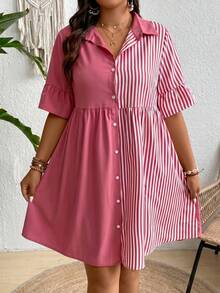 SHEIN Clasi Plus Size Solid Color Striped Patchwork Short Sleeve Shirt Dress - Red - View 3