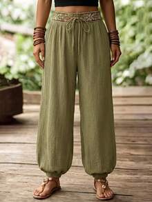 Louniche Quần ống côn dáng suông bằng vải cotton, phối eo, chất liệu mềm mại, thích hợp cho nữ mùa xuân/hè, phù hợp mặc hàng ngày và đi nghỉ mát. - xanh quân đội - Xem 5