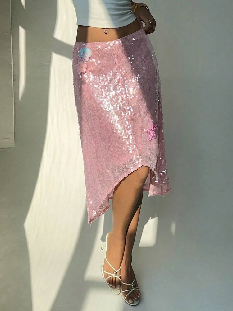 Aloruh Chân váy ngắn nữ màu vàng kem đính sequin phong cách Y2K, chân váy xếp ly cạp thấp thanh lịch, thích hợp mặc hàng ngày và hẹn hò. - Hồng - Xem 3