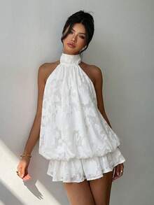 Elegant Women's Mini Dress With Halter Neck And Bow In Light Yellow - Cream - View 4