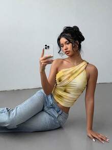 Aloruh Áo croptop nữ kiểu dáng thanh lịch, gợi cảm, in họa tiết tie-dye, chất liệu lưới, ôm sát, xếp ly, thắt nơ phía trước, phong cách Y2K. - Màu vàng - Xem 4
