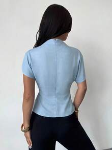 Firerie Áo kiểu nữ màu mơ, chất liệu sợi tre, vải lanh, phù hợp cho mọi mùa, cổ nhăn, tay áo bất đối xứng, xếp ly bên hông và thắt eo. - Màu xanh bụi bặm - Xem 2