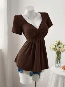 Sweetra Áo thun babydoll dáng suông màu trơn cổ khoét lỗ phía trước dành cho nữ, thích hợp mặc hàng ngày đi làm, mùa hè. - Màu nâu Sô-cô-la - Xem 4