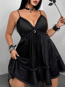Whyspr Đầm slip cổ chữ V xếp nếp dành cho nữ cỡ lớn, phong cách Gothic Punk, thích hợp cho lễ hội âm nhạc. - màu đen - Xem 8