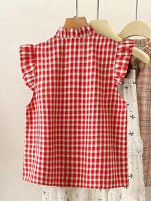 Franclia Blusa holgada de verano con volantes, cuello de lazo y estampado de cuadros rojos vintage en talla grande con estilo Y2K y preppy - Rojo - Ver 2