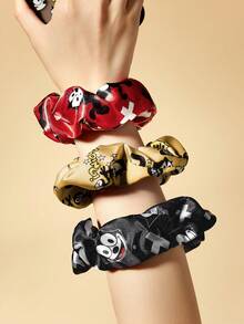 SHEIN Felix The Cat Pack Of 3, Cute, Fashionable, Soft Gloss, Large Intestine Ring, Cartoon Printed Hair Band, Gold & Red & Black, Cat, Suitable For Beauty Use, High Ponytail. - 彩色 - 查看 3
