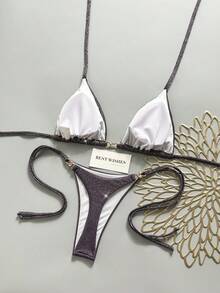 Swim Vcay Bộ bikini nữ màu trơn, chất liệu vải bóng, dây mảnh, trang trí kim loại, thích hợp cho kỳ nghỉ biển. - Màu tím - Xem 2