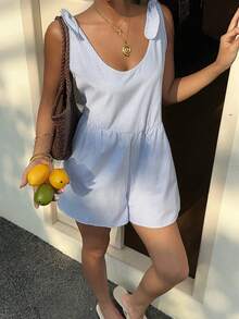SHEIN EZwear 女款藍色條紋印花打結梭織無袖連身褲 - 藍白色 - 查看 6