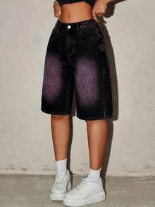 SHEIN ICON 女士纯色简约休闲牛仔短裤 - 黑色 - 查看 5