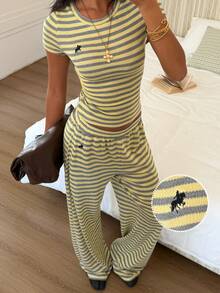SHEIN EZwear 女士黄色针织条纹刺绣两件套 - 黃色 - 查看 7