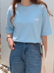 DAZY 女款蝴蝶結刺繡寬鬆短袖圓領T恤 - 藍色 - 查看 4