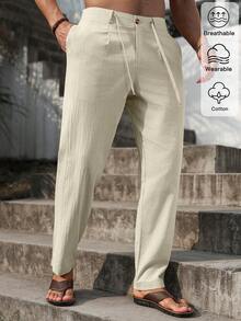VENTUSAIL Men Solid Drawstring Waist Pants Tapered Long Slacks Linen Cool Plain Going Out, Fall, Holiday - Apricot - View 5