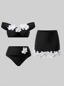 Swim Oasis 26SS 春夏優雅露肩三件套：3D花卉裝飾泳裝上衣與配套裙 - 黑與白 - 查看 3