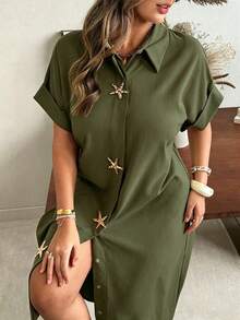 Ceyna Plus Size Women's Olive Green Summer Vacation Holiday Maxi Dress,Starfish Metal Button Decor,Textured Woven Raglan Sleeve Crew Neck Asymmetric Dress - Army Green - View 6