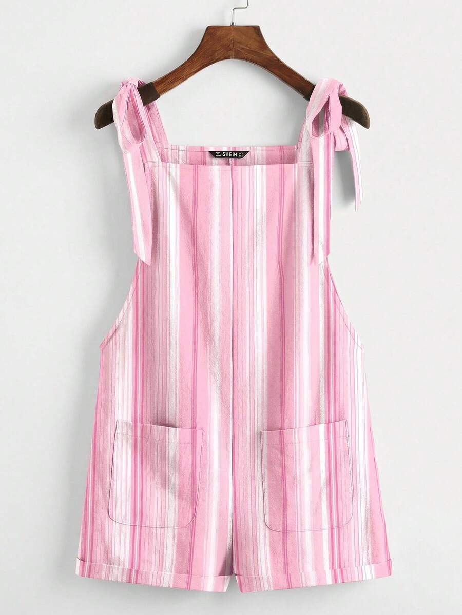 SHEIN EZwear 休闲简约度假粉色多巴胺条纹打结肩带口袋拼接连体裤,适合日常通勤、约会、派对、秋冬夏、圣诞节、新年、感恩节、派对、婚礼、海滩、毕业典礼、时尚、优雅、休闲、外出、约会、预订、通勤、闪亮、情人节、优雅、度假、休闲、Y2K、外出、毕业典礼等场合。 - 彩色 - 查看 1