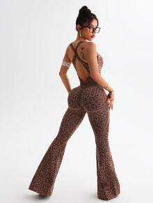 Slayform 1pc Leopard Print Twisted Cutout Back Deep V Flared Jumpsuit Brown Set  Brown Bodysuit  Pink Bodysuit - Coffee Brown - View 6