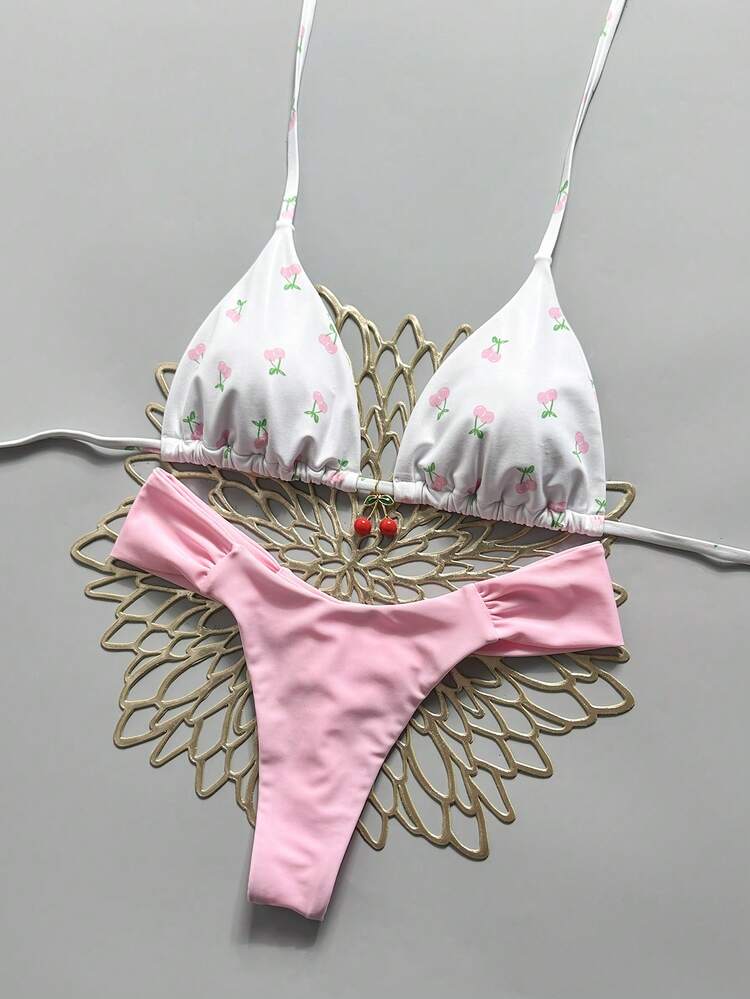 Swim Mod Conjunto de 2 piezas, top de bikini triángulo con estampado de cerezas aleatorio y Bottom, traje de baño sexy para mujeres en vacaciones de verano - Multicolor - Añade 3