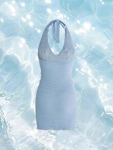 ROMWE Đầm dạ hội màu xanh bạc hà đính sequin, cổ yếm, lưng chữ V sâu, ôm sát cơ thể, chất liệu dệt kim, thích hợp cho kỳ nghỉ. - Màu xanh lam - Xem 2