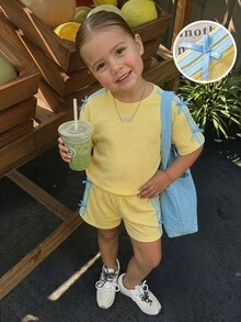 SHEIN 2pcs Young Girl Knitted Solid Color Round Neck Casual T-Shirt And Shorts Set - Yellow - View 13