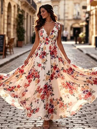 GlowEve CURVE Plus Size Tie Bow Floral Print Camisole Waist Fitted Dress, Elegant Flared Hem Summer Holiday Dress