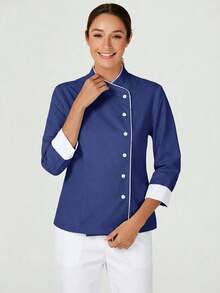 TaskEZ Women's Contrast Color Button-Up Collar Long Sleeve Work Uniform Chef Jacket In 3- 4th Sleeve For Women - Navy Blue - View 1