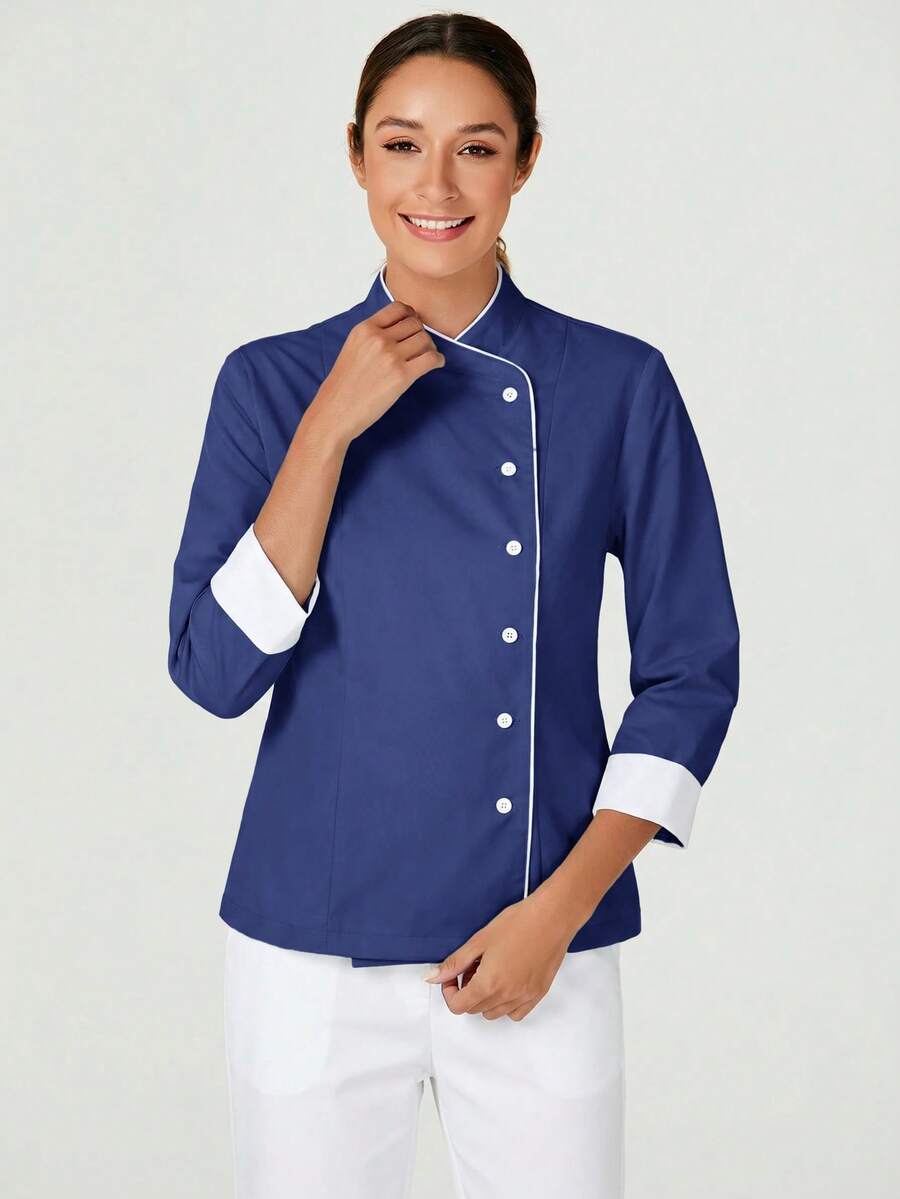 TaskEZ Women's Contrast Color Button-Up Collar Long Sleeve Work Uniform Chef Jacket In 3- 4th Sleeve For Women - Navy Blue - View 1