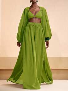 Conjunto de camisa y pantalones de playa elegante y casual para vacaciones 2026 - Verde Limelight - Ver 4