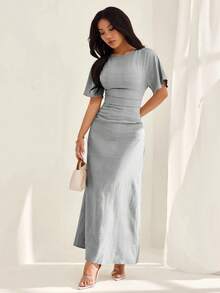 SHEIN PETITE Women's Summer Solid Color Linen Blend Casual Elegant Dress,,Summer Dresses For Women - Grey - View 4