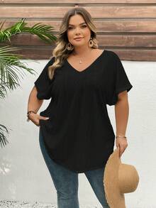 SHEIN CURVE+ Áo thun ngắn tay màu trắng dáng rộng phong cách Boho dành cho phụ nữ cỡ lớn, thích hợp mặc đi nghỉ mát nhân Ngày của Mẹ. - màu đen - Xem 7