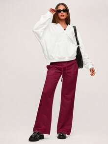 SHEIN BASICS 女士休闲纯色针织低腰阔腿运动裤 - 酒紅色 - 查看 5