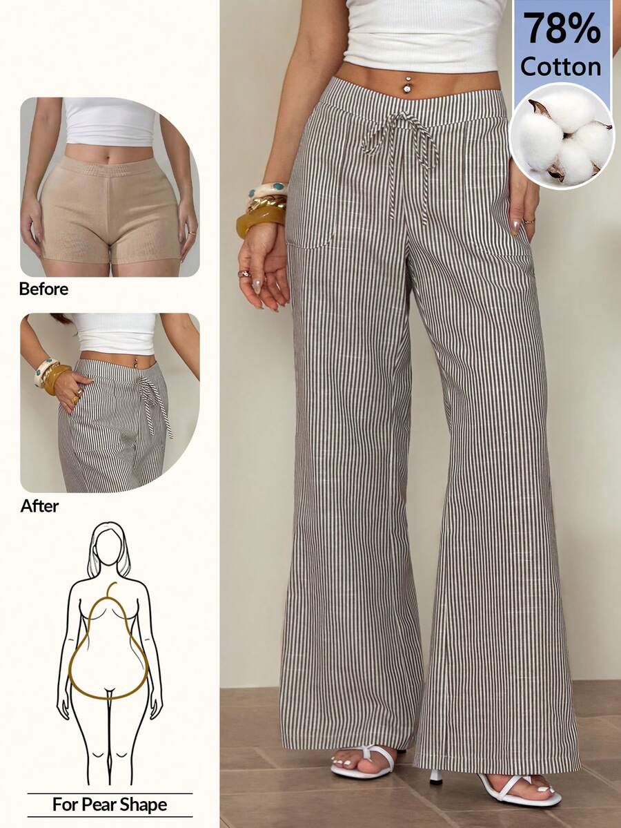 SHEIN PETITE Quần ống rộng cạp thấp kẻ sọc xanh dương dành cho nữ, trang phục thường ngày và đi nghỉ mát mùa thu cho nữ.