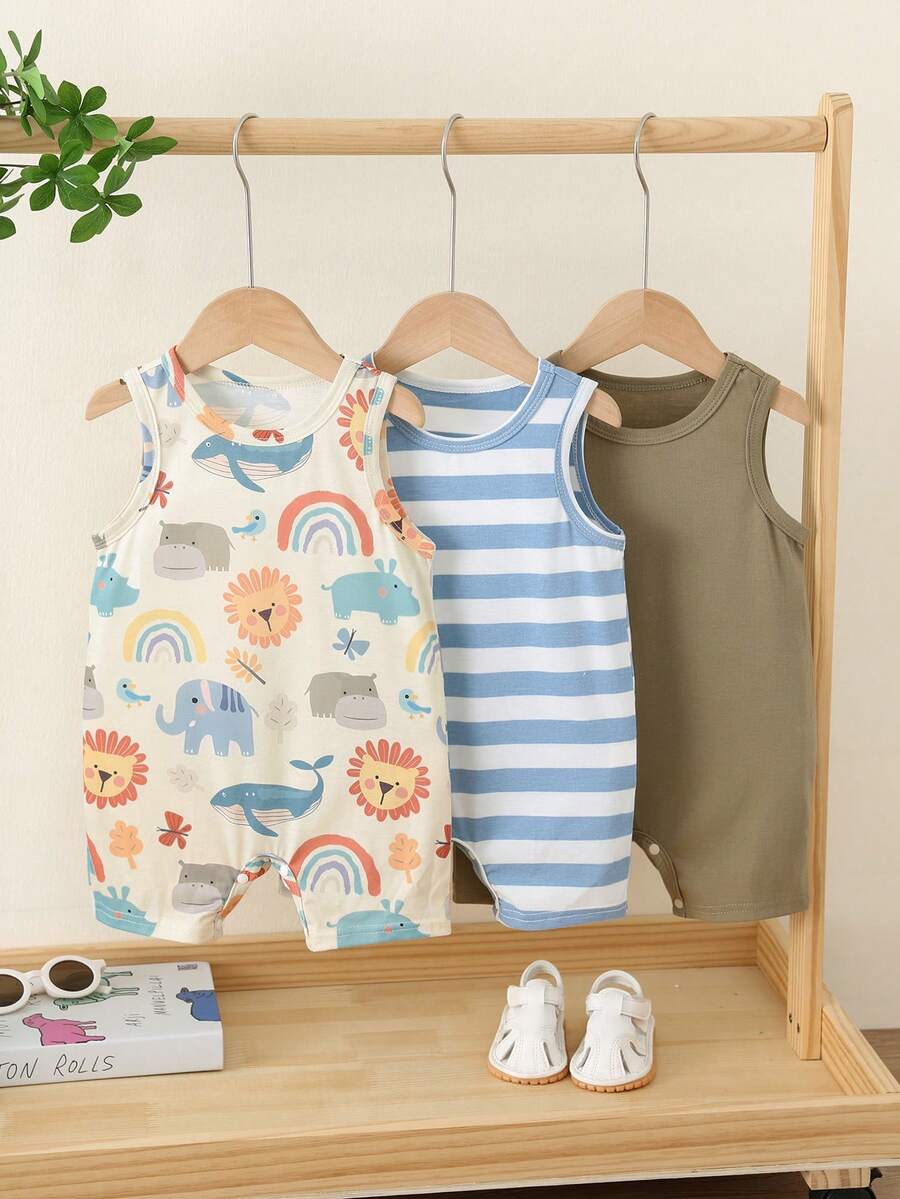 SHEIN Bộ 3 món áo liền quần cho bé trai/bé gái/unisex họa tiết hoạt hình và kẻ sọc dễ thương, áo liền quần cơ bản mùa hè, áo liền thân cho trẻ sơ sinh. - Nhiều màu - Xem 1