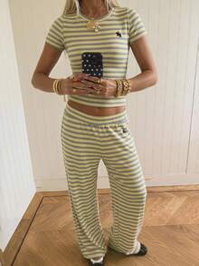 SHEIN EZwear 女士黄色针织条纹刺绣两件套 - 黃色 - 查看 1