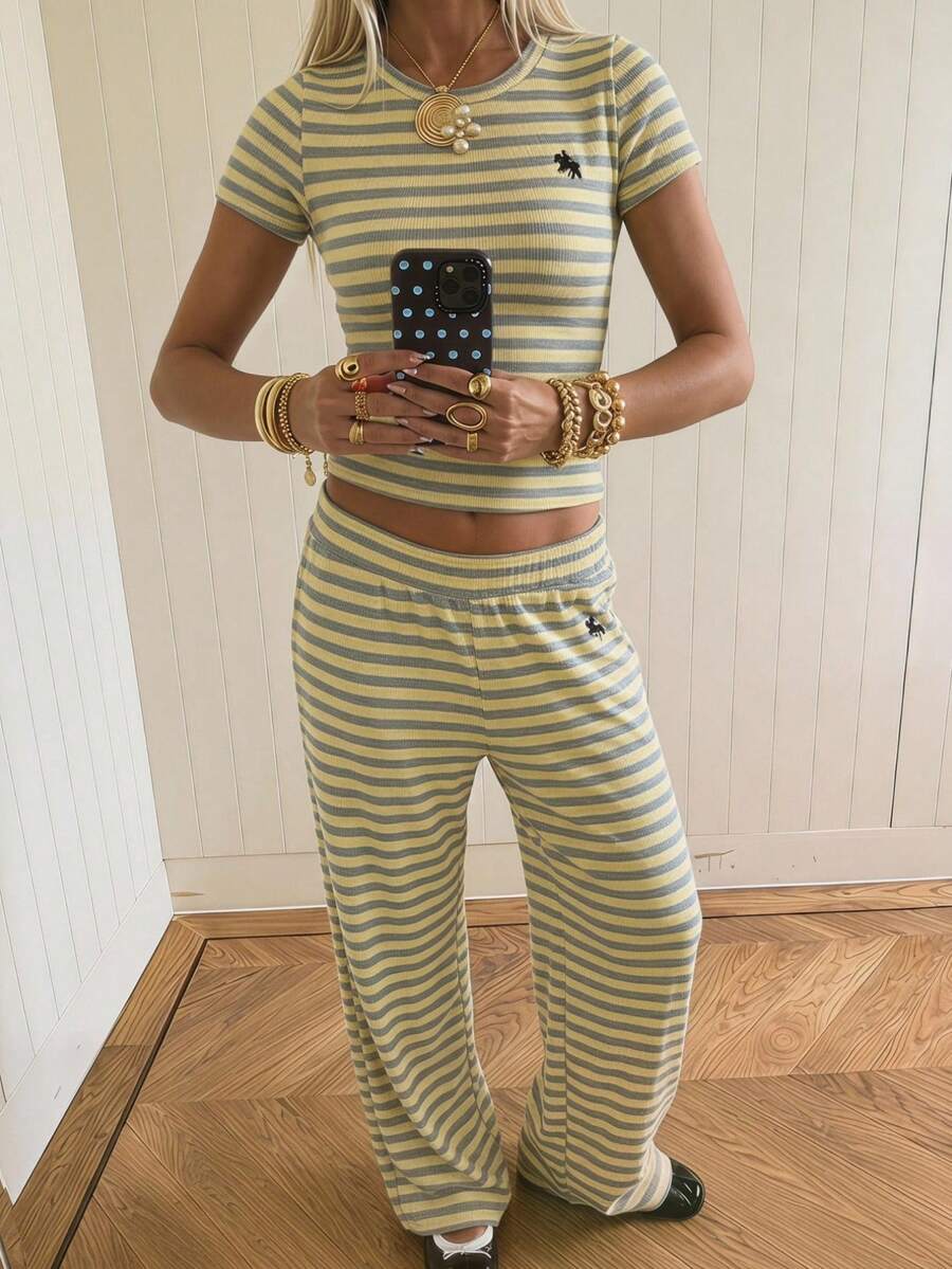 SHEIN EZwear 女士黄色针织条纹刺绣两件套 - 黃色 - 查看 1
