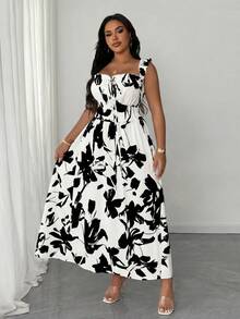 Maweii Plus Size Summer Floral Print Dress With Ruffle Hem And Side Slit Vacation White Elegant - Multicolor - View 4