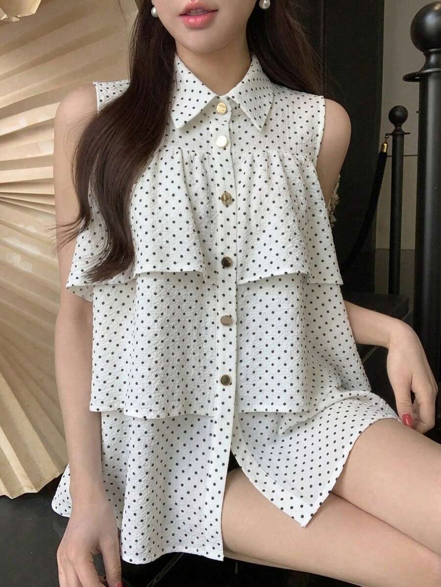 FRIFUL Women's Regular Lapel Metal Button Decor Loose Multi-Layered Ruffle Trim Loose Solid Color Summer Casual Blouse - Beige - View 1