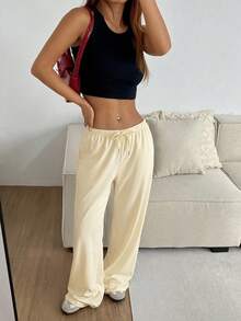 SHEIN EZwear 大码纯色抽绳休闲运动裤，适合毕业季、返校季和教师穿着，浅黄色 - 黃色 - 查看 3