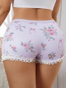 SHEIN 大码女式可爱花卉蝴蝶结装饰三角裤 - 紫色 - 查看 2