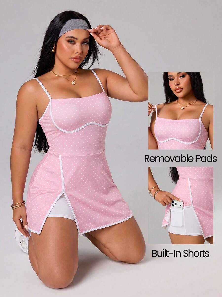 SHEIN Sports 大码女士春夏高尔夫运动连衣裙，吊带设计，波点印花，撞色腰带，前开衩，撞色滚边，可拆卸短裤带口袋，适合休闲、跑步、瑜伽、健身、网球、高尔夫等场合。 - 彩色 - 查看 1