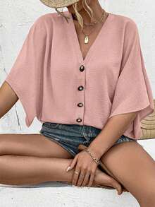 Breezaya Plus Size Women's Elegant Solid Color Jacquard V-Neck Raglan Sleeve Button Decor Beach Resort 2025 Spring/Summer New Versatile Blouse - Dusty Pink - View 4