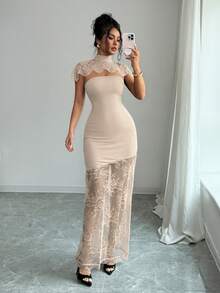 SHEIN Elenzya Vestido de manga corta ajustado, transparente, con parches de encaje y calado de unicolor - Albaricoque - Ver 8