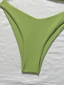Oceva Women's Simple Solid Color Backless Tie-Front Halter Bikini Set, Suitable For Beach & Holiday - Green - View 4