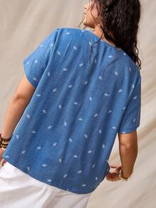 Nubod Summer New Blue Floral Fabric Navy Ruffle Collar Regular-Shoulder Short Sleeve Plus Size Blouse, Summer New Outfit, Casual Shirt, Open Front Shirt - Blue - View 2